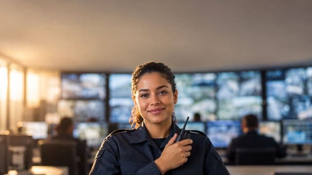 Profissional de segurança pública sorrindo, com farda azul-escura sem brasões, segurando um rádio comunicador, em uma central de monitoramento com telas