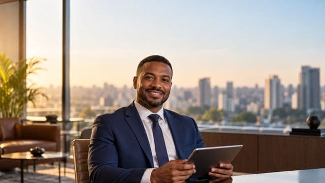 Analista financeiro sorrindo, com terno azul-marinho, segurando um tablet, em um escritório corporativo com vista para a cidade