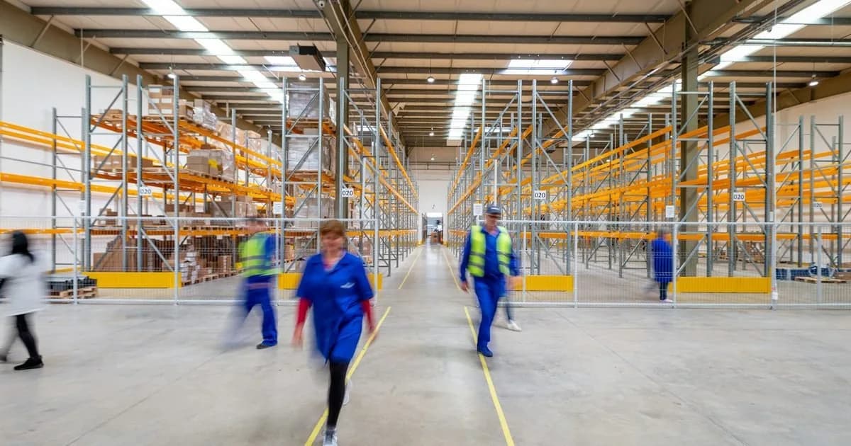 Profissionais de uniforme azul e colete caminham entre as estantes altas de um centro de distribuição moderno e iluminado