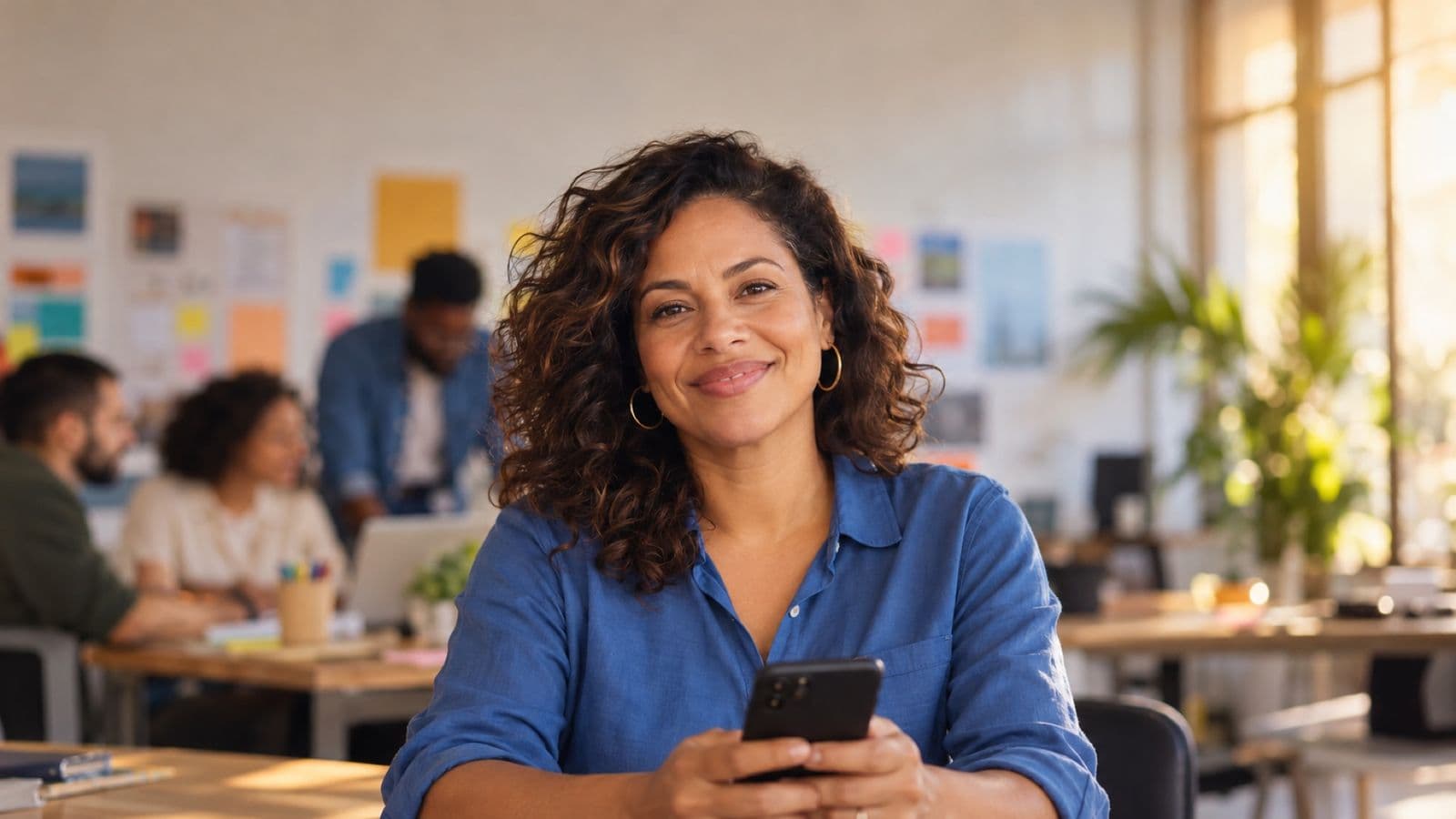 Profissional de marketing sorrindo, com camisa casual azul, segurando um smartphone, em uma agência criativa moderna com equipe desfocada e quadros de ideias