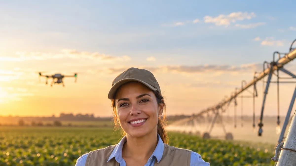 Engenheira agrícola com colete utilitário segurando tablet com mapa de produtividade em lavoura com pivô de irrigação no Dia do Engenheiro Agrícola