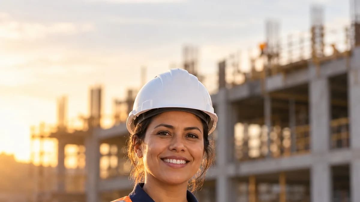 Engenheira civil de capacete branco e colete refletivo em canteiro de obras no Dia do Engenheiro Civil