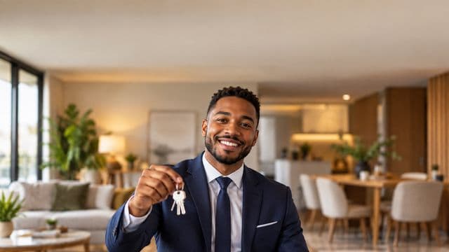 Corretor de imóveis sorrindo, com terno azul-marinho, segurando um molho de chaves, em a sala de um apartamento moderno e decorado