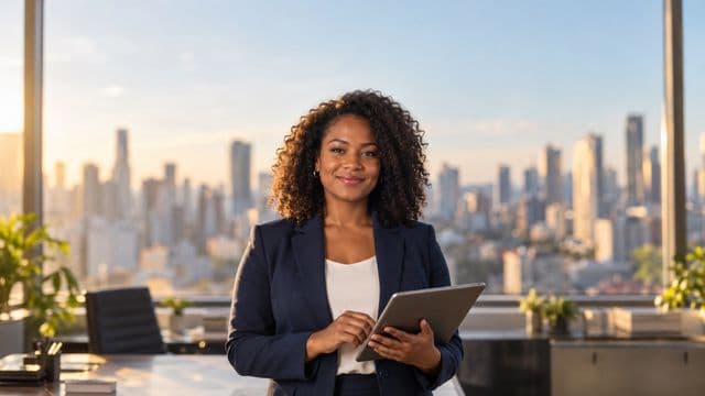 Analista financeira sorrindo, com terno azul-marinho, segurando um tablet, em um escritório corporativo com vista para a cidade