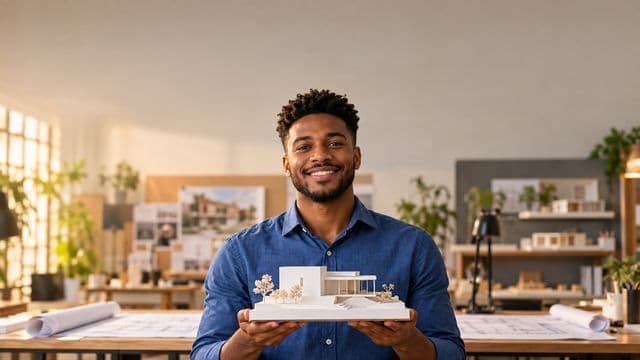 Arquiteto sorrindo, com camisa social azul, segurando uma pequena maquete branca, em um escritório de arquitetura com pranchetas e maquetes