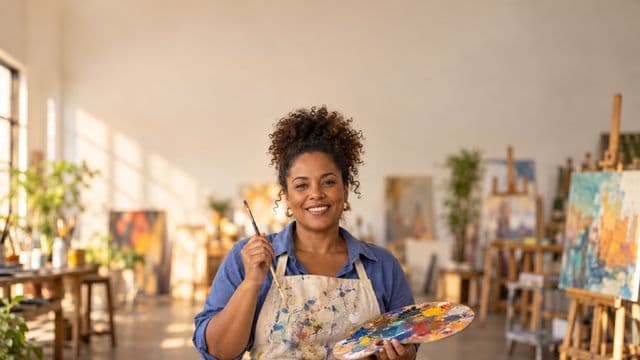 Arte-educadora sorrindo, com avental de ateliê sobre camisa azul, segurando um pincel e uma paleta de cores, em um ateliê de artes claro com telas e cavaletes