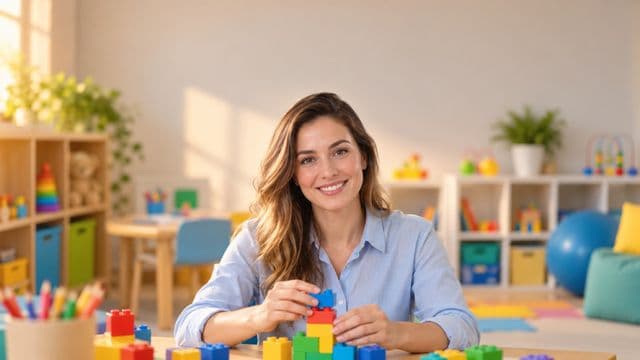 Psicopedagoga sorrindo, com camisa azul-clara, segurando blocos de montar coloridos, em uma sala de atendimento infantil colorida e organizada, com brinquedos pedagógicos