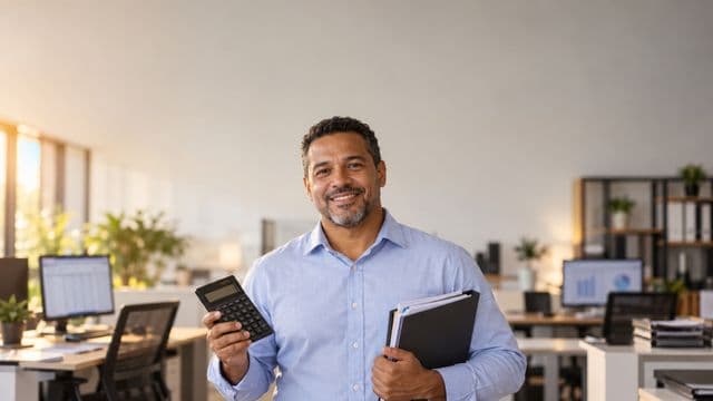 Contador sorrindo, com camisa social azul-clara, segurando uma calculadora e uma pasta de documentos, em um escritório contábil moderno