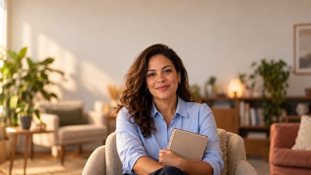 Psicóloga sorrindo, com camisa social azul, sem gravata, segurando um caderno de anotações, em um consultório de psicologia aconchegante com poltronas e plantas