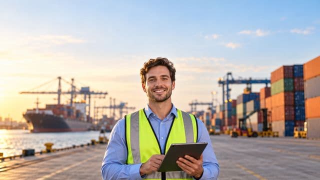 Analista de comércio exterior sorrindo, com camisa social azul e colete refletivo, segurando um tablet, em um porto com contêineres coloridos empilhados