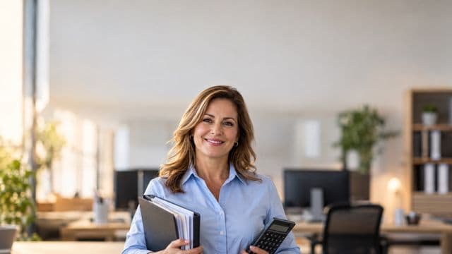 Contadora sorrindo, com camisa social azul-clara, segurando uma calculadora e uma pasta de documentos, em um escritório contábil moderno