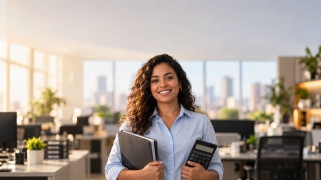 Contadora sorrindo, com camisa social azul-clara, segurando uma calculadora e uma pasta de documentos, em um escritório contábil moderno
