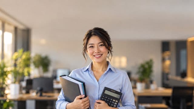 Contadora sorrindo, com camisa social azul-clara, segurando uma calculadora e uma pasta de documentos, em um escritório contábil moderno
