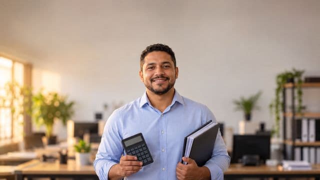 Contador sorrindo, com camisa social azul-clara, segurando uma calculadora e uma pasta de documentos, em um escritório contábil moderno