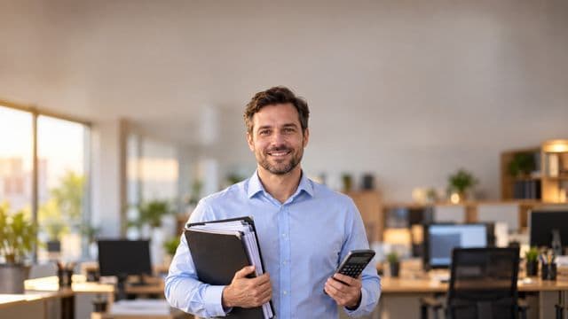 Contador sorrindo, com camisa social azul-clara, segurando uma calculadora e uma pasta de documentos, em um escritório contábil moderno