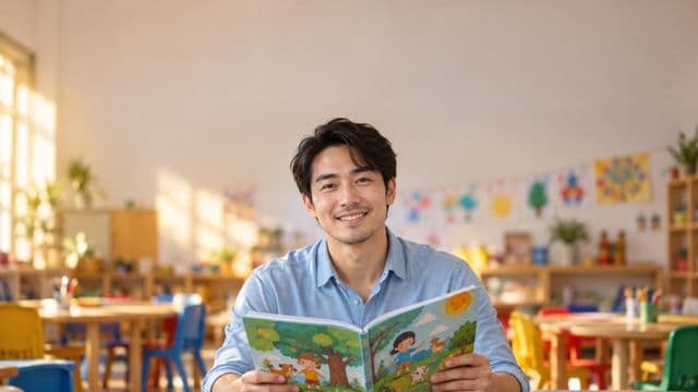 Professor de educação infantil sorrindo, com camisa casual azul-clara, segurando um livro infantil colorido sem título, em uma sala de aula infantil alegre, com mesinhas e desenhos nas paredes