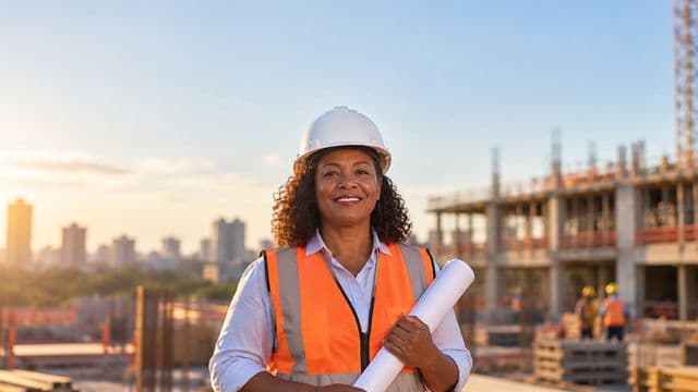 Engenheira civil sorrindo, com capacete branco e colete refletivo laranja, segurando uma planta da obra enrolada, em um canteiro de obras com a estrutura de um prédio