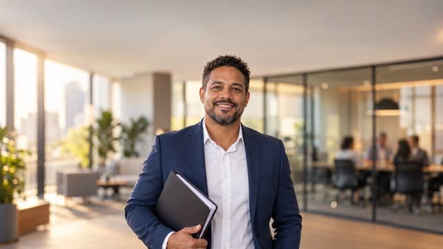 Profissional de recursos humanos sorrindo, com blazer azul sobre camisa branca, segurando uma pasta de documentos, em um escritório moderno com uma sala de reunião envidraçada