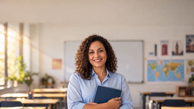 Professora de idiomas sorrindo, com camisa social azul, segurando um livro de capa lisa, em uma sala de aula de idiomas moderna