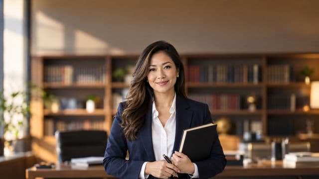 Advogada sorrindo, com terno azul-marinho e camisa branca, segurando um livro de capa lisa e uma caneta, em um escritório de advocacia elegante com estantes de livros