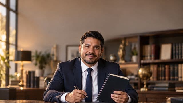 Advogado sorrindo, com terno azul-marinho e camisa branca, segurando um livro de capa lisa e uma caneta, em um escritório de advocacia elegante com estantes de livros
