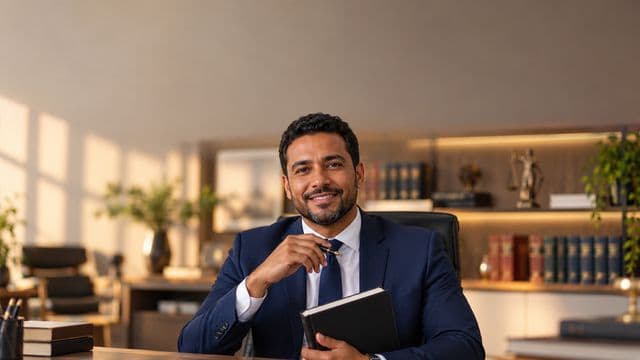 Advogado sorrindo, com terno azul-marinho e camisa branca, segurando um livro de capa lisa e uma caneta, em um escritório de advocacia elegante com estantes de livros