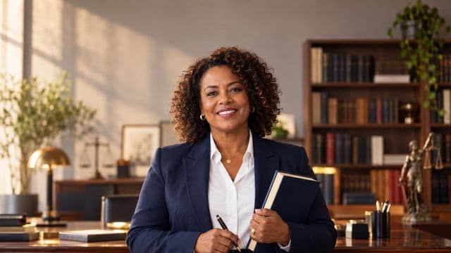 Advogada sorrindo, com terno azul-marinho e camisa branca, segurando um livro de capa lisa e uma caneta, em um escritório de advocacia elegante com estantes de livros