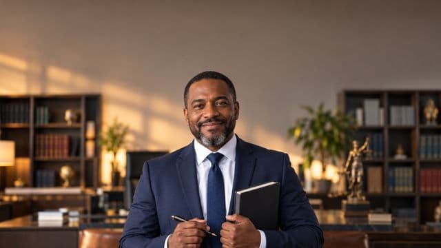 Advogado sorrindo, com terno azul-marinho e camisa branca, segurando um livro de capa lisa e uma caneta, em um escritório de advocacia elegante com estantes de livros