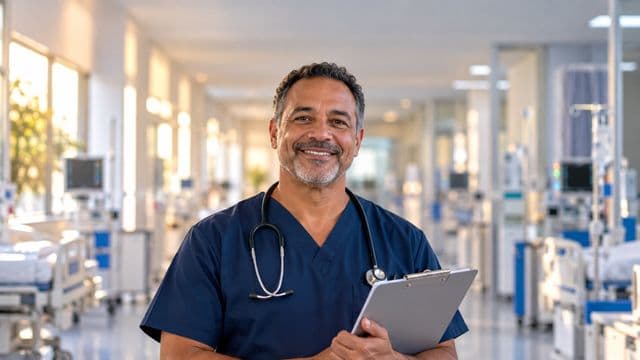 Enfermeiro sorrindo, com uniforme hospitalar azul-marinho e estetoscópio no pescoço, segurando uma prancheta, em o corredor de um hospital moderno e bem iluminado, com leitos e equipamentos