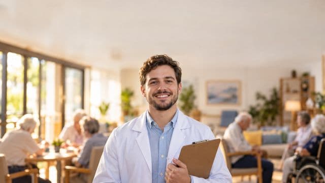 Profissional de gerontologia sorrindo, com jaleco branco sobre camisa azul-clara, segurando uma prancheta, em um centro de convivência para idosos, claro e acolhedor
