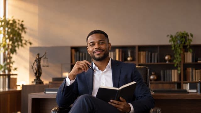 Advogado sorrindo, com terno azul-marinho e camisa branca, segurando um livro de capa lisa e uma caneta, em um escritório de advocacia elegante com estantes de livros