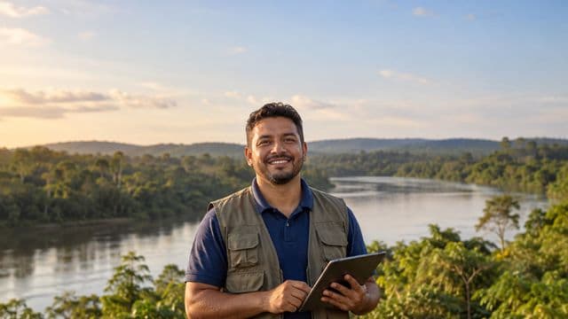 Gestor ambiental sorrindo, com camisa polo azul e colete de campo, segurando um tablet, em uma área de preservação com mata e um rio