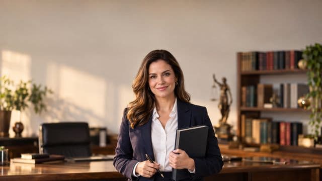 Advogada sorrindo, com terno azul-marinho e camisa branca, segurando um livro de capa lisa e uma caneta, em um escritório de advocacia elegante com estantes de livros
