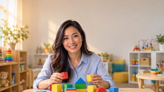 Psicopedagoga sorrindo, com camisa azul-clara, segurando blocos de montar coloridos, em uma sala de atendimento infantil colorida e organizada, com brinquedos pedagógicos