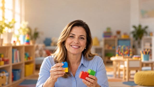 Psicopedagoga sorrindo, com camisa azul-clara, segurando blocos de montar coloridos, em uma sala de atendimento infantil colorida e organizada, com brinquedos pedagógicos