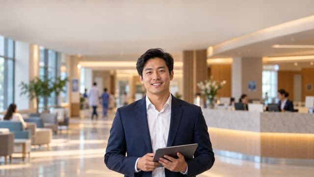 Gestor hospitalar sorrindo, com blazer azul-marinho sobre camisa branca, segurando um tablet, em a recepção de um hospital moderno