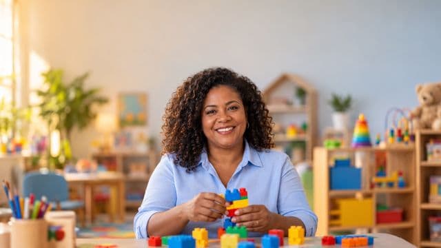 Psicopedagoga sorrindo, com camisa azul-clara, segurando blocos de montar coloridos, em uma sala de atendimento infantil colorida e organizada, com brinquedos pedagógicos