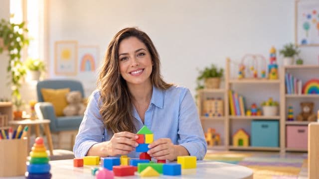 Psicopedagoga sorrindo, com camisa azul-clara, segurando blocos de montar coloridos, em uma sala de atendimento infantil colorida e organizada, com brinquedos pedagógicos