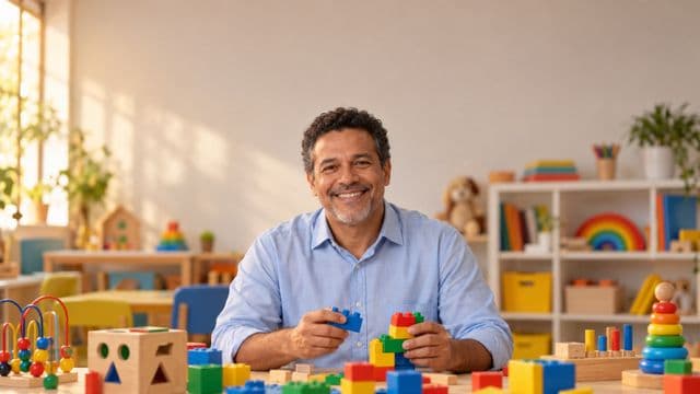 Psicopedagogo sorrindo, com camisa azul-clara, segurando blocos de montar coloridos, em uma sala de atendimento infantil colorida e organizada, com brinquedos pedagógicos
