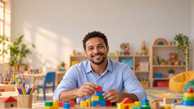 Psicopedagogo sorrindo, com camisa azul-clara, segurando blocos de montar coloridos, em uma sala de atendimento infantil colorida e organizada, com brinquedos pedagógicos