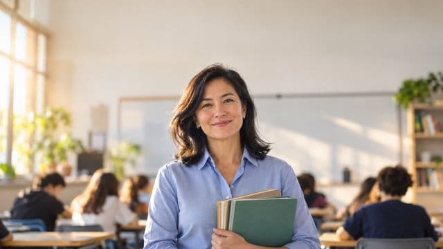 Professora sorrindo, com camisa social azul, segurando livros de capa lisa, em uma sala de aula moderna e clara com alunos desfocados