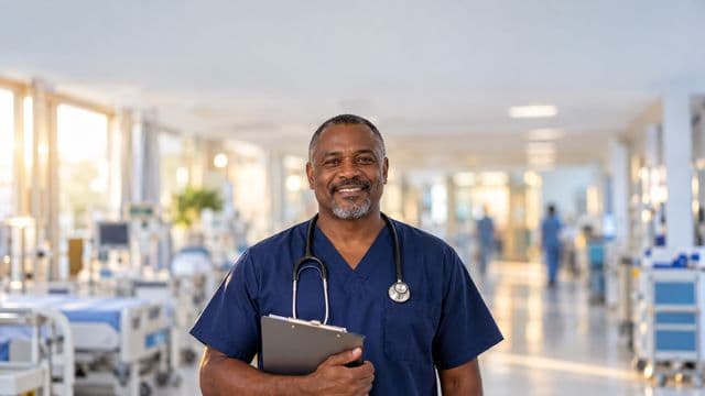 Enfermeiro sorrindo, com uniforme hospitalar azul-marinho e estetoscópio no pescoço, segurando uma prancheta, em o corredor de um hospital moderno e bem iluminado, com leitos e equipamentos