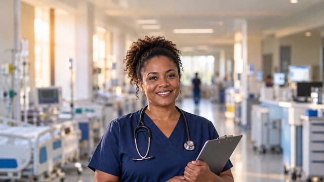 Enfermeira sorrindo, com uniforme hospitalar azul-marinho e estetoscópio no pescoço, segurando uma prancheta, em o corredor de um hospital moderno e bem iluminado, com leitos e equipamentos