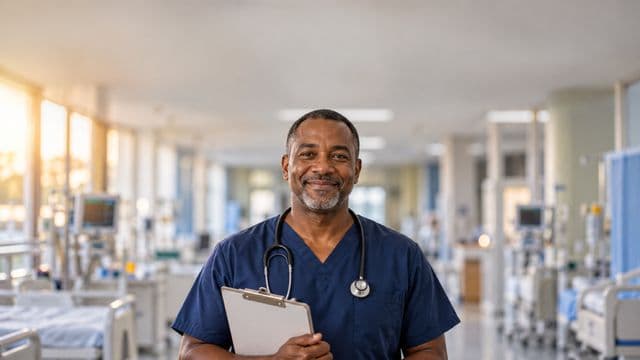 Enfermeiro sorrindo, com uniforme hospitalar azul-marinho e estetoscópio no pescoço, segurando uma prancheta, em o corredor de um hospital moderno e bem iluminado, com leitos e equipamentos