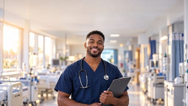 Enfermeiro sorrindo, com uniforme hospitalar azul-marinho e estetoscópio no pescoço, segurando uma prancheta, em o corredor de um hospital moderno e bem iluminado, com leitos e equipamentos