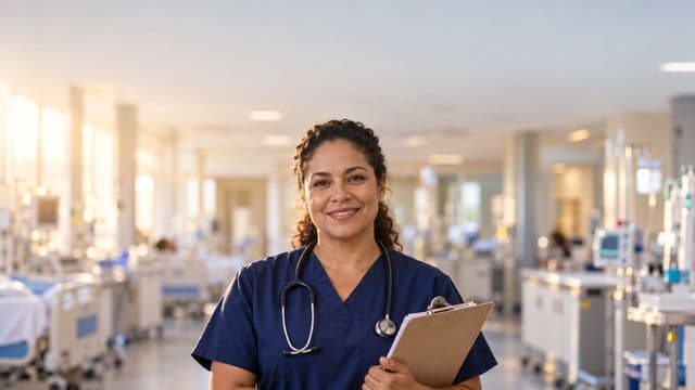 Enfermeira sorrindo, com uniforme hospitalar azul-marinho e estetoscópio no pescoço, segurando uma prancheta, em o corredor de um hospital moderno e bem iluminado, com leitos e equipamentos