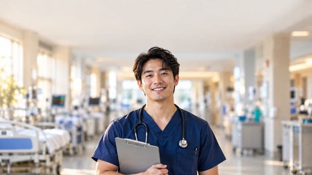 Enfermeiro sorrindo, com uniforme hospitalar azul-marinho e estetoscópio no pescoço, segurando uma prancheta, em o corredor de um hospital moderno e bem iluminado, com leitos e equipamentos
