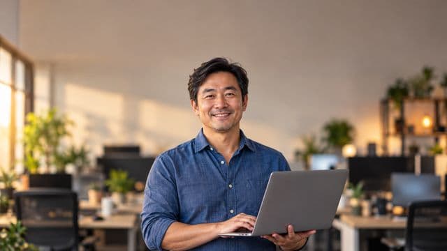 Desenvolvedor de software sorrindo, com camisa casual azul, segurando um notebook aberto, em um escritório de tecnologia moderno com monitores desfocados
