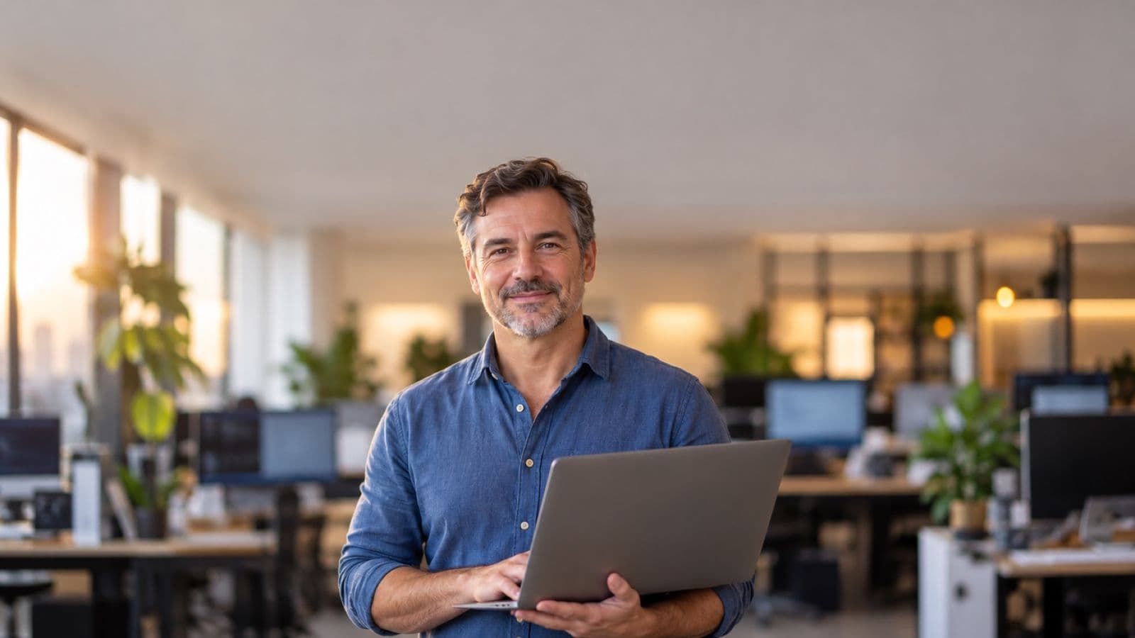 Desenvolvedor de software sorrindo, com camisa casual azul, segurando um notebook aberto, em um escritório de tecnologia moderno com monitores desfocados