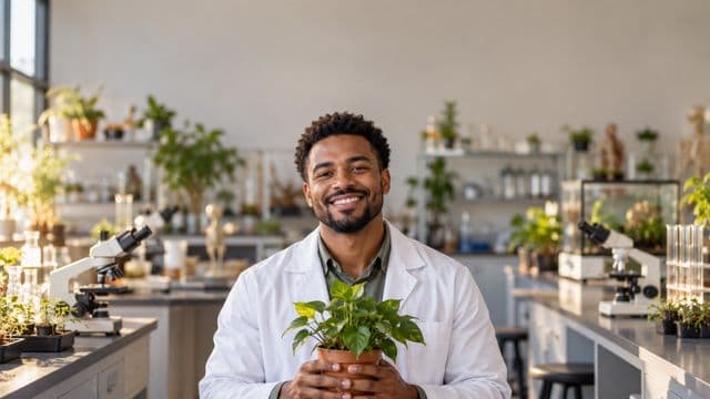 Professor de biologia sorrindo, com jaleco branco, segurando uma planta em um vaso pequeno, em um laboratório de biologia com microscópios